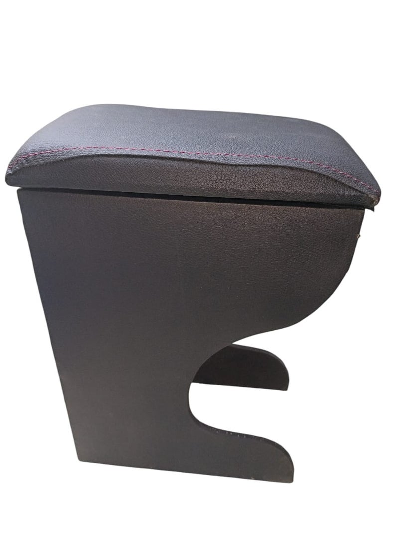 Car Armrest Unit with Leather and Plastic Storage Box with Armrest Pillow, Hyundai New Accent, Black with Red Stitching