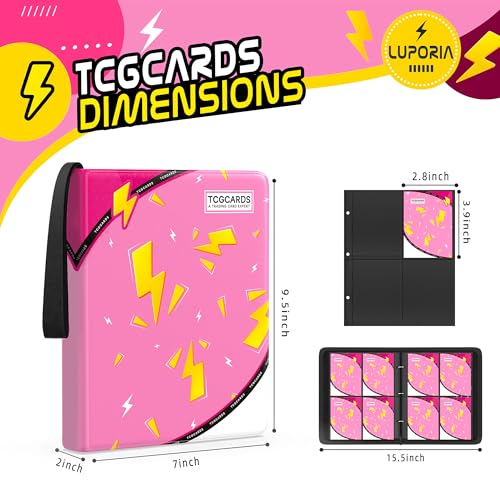 Luporia Trading Card Binder 4 Pocket,400 Pocket Card Collection Binder with 50 Removable Sleeves,PU Waterproof Top Card Book,3-Ring Zipper Collectible Trading Card Album for MTG/TCG/Card Holder Gift（Pink） - Image 2