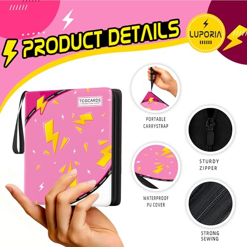 Luporia Trading Card Binder 4 Pocket,400 Pocket Card Collection Binder with 50 Removable Sleeves,PU Waterproof Top Card Book,3-Ring Zipper Collectible Trading Card Album for MTG/TCG/Card Holder Gift（Pink） - Image 3