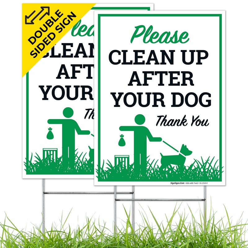 Sigo Signs Please Clean Up After Your Dog Thank You Sign, (2 Pack) Double Sided 9x12 Inches, Corrugated Plastic with Metal H Stake, Made in USA - Image 1