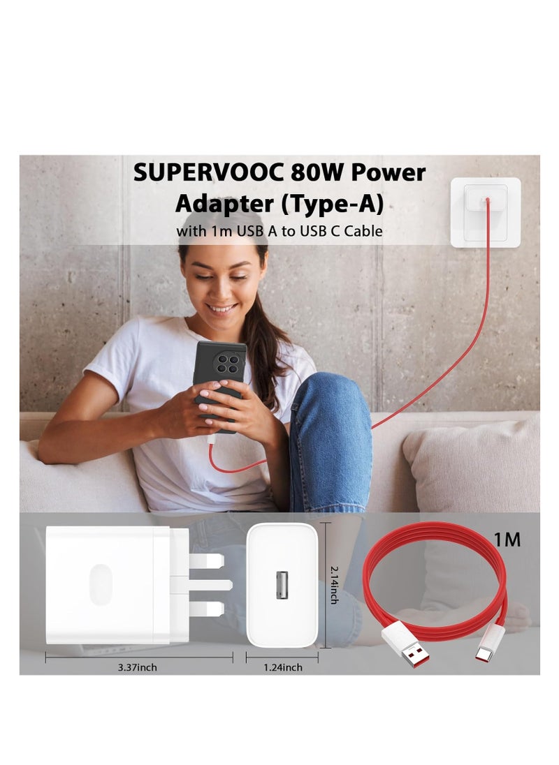 Generic - 80W for Oneplus 13 12 12R 11 10 Pro Charger SuperVooc Warp Charger for Oneplus 9 Pro 10T 10R 8T 8 Dash Charge 80W Power Adapter for One Plus Oppo Realme Fast Wall Charger Adapter with 3ft USB C Cable - Image 1