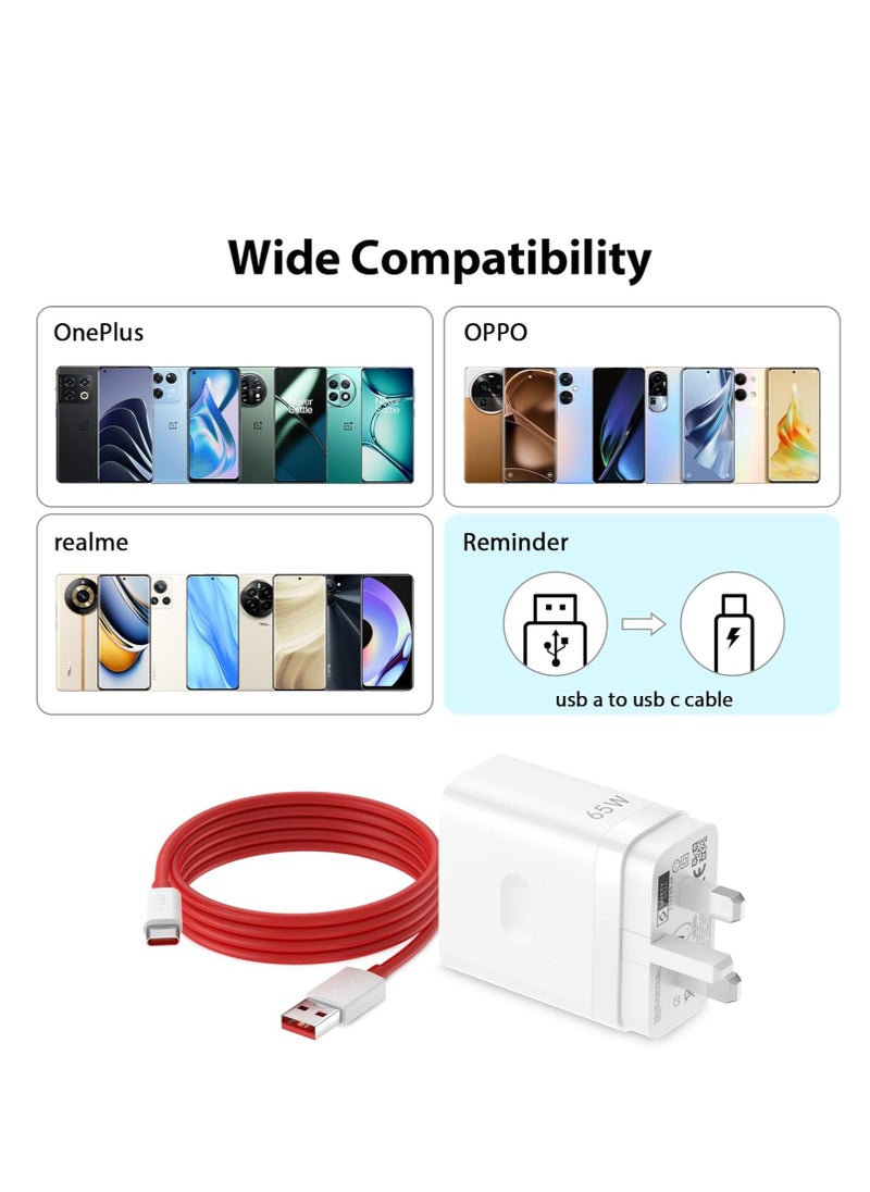 Generic - 80W for Oneplus 13 12 12R 11 10 Pro Charger SuperVooc Warp Charger for Oneplus 9 Pro 10T 10R 8T 8 Dash Charge 80W Power Adapter for One Plus Oppo Realme Fast Wall Charger Adapter with 3ft USB C Cable - Image 1