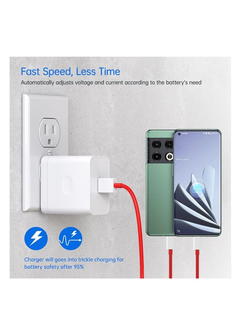 Generic - 80W for Oneplus 13 12 12R 11 10 Pro Charger SuperVooc Warp Charger for Oneplus 9 Pro 10T 10R 8T 8 Dash Charge 80W Power Adapter for One Plus Oppo Realme Fast Wall Charger Adapter with 3ft USB C Cable - Image 1
