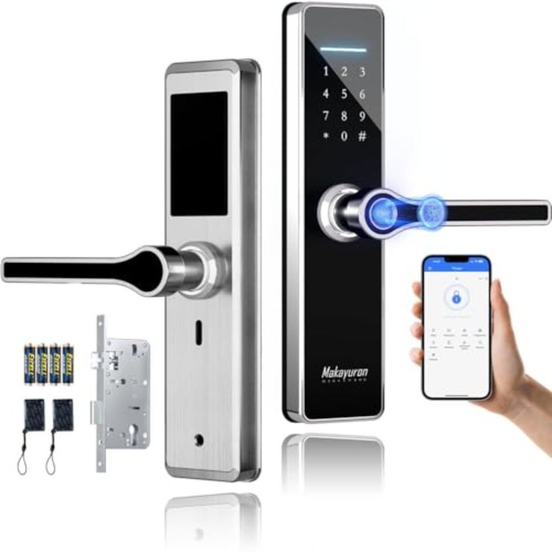 قفل باب ذكي من Makayuron، إصدار TTBluetooth، قفل من الفولاذ المقاوم للصدأ، فتح عن طريق بصمة الإصبع، NFC، كلمة المرور، جهاز التحكم عن بعد، مفتاح ميكانيكي. مع نقر 4585، مقابض قابلة للتبديل لليسار واليمين. GDH5-فضي - Image 1