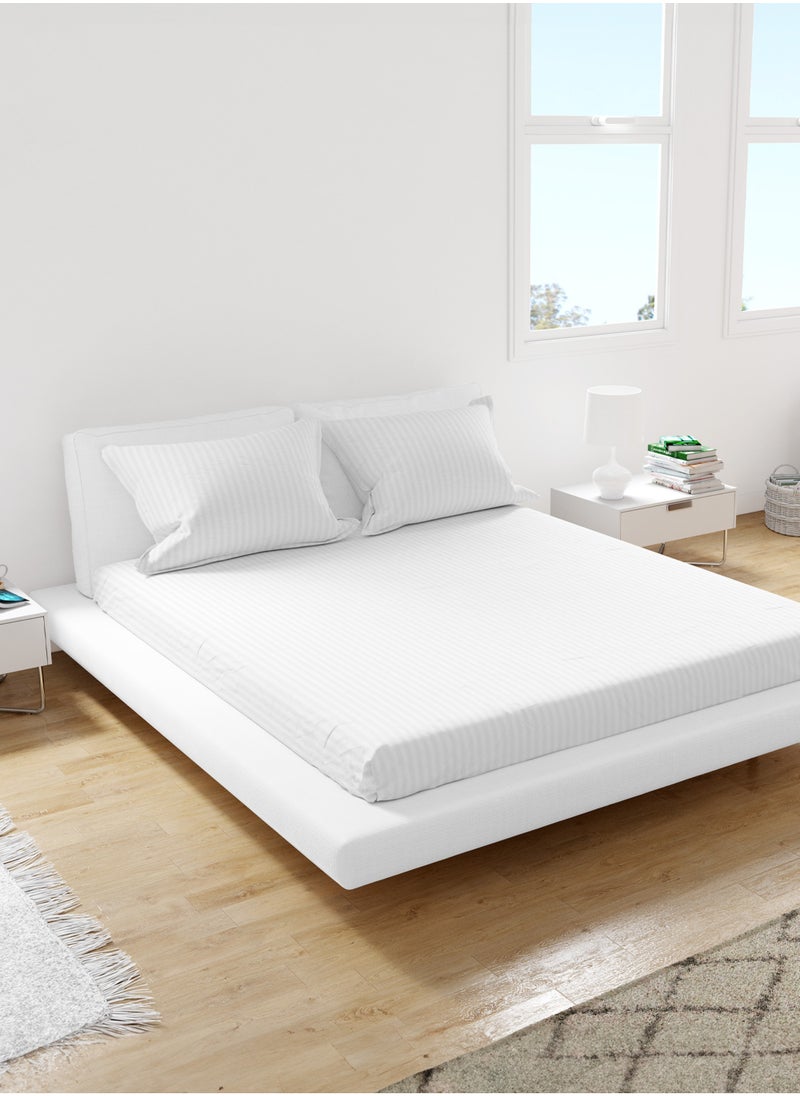 American Linen Queen Striped Fitted Sheet with 2 Pillow Case 180 x 200 Cm White  - Image 1