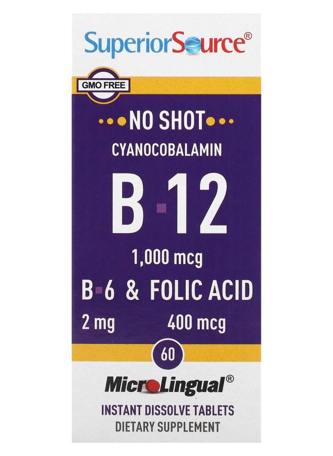 Superior Source Cyanocobalamin & B-12 &  B-6 & Folic Acid 1000 mcg & 2 mg & 400 mcg 60 MicroLingual Instant Dissolve Tablets 