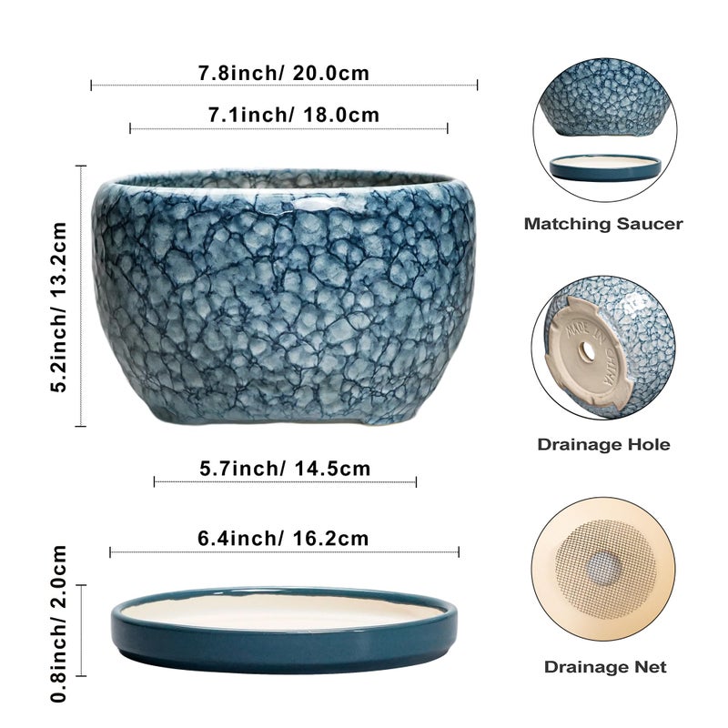 SQOWL 8 inch Plant Pot - Ceramic Pots for Plants Indoor, Decorative Plant Pot with Drainage Hole and Saucer, Ceramic Flower Pots Outdoor, Round Planter, Living Room Decor, Garden Gifts for Women, Blue - Image 3