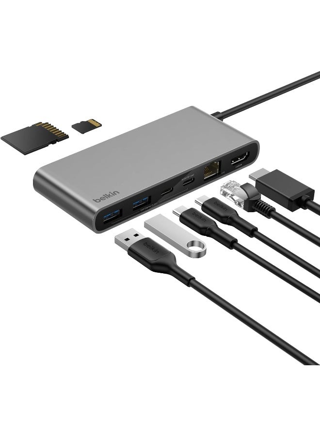 بيلكين محور USB C بثمانية منافذ، يدعم العرض بدقة تصل إلى 4K@60Hz - يعمل مع ماك، ويندوز، وكروم بوك - 100 واط PD مع سرعات نقل بيانات تصل إلى 10 جيجابت في الثانية و Ethernet بسرعة 2.5 جيجابت في الثانية - رمادي - Image 1