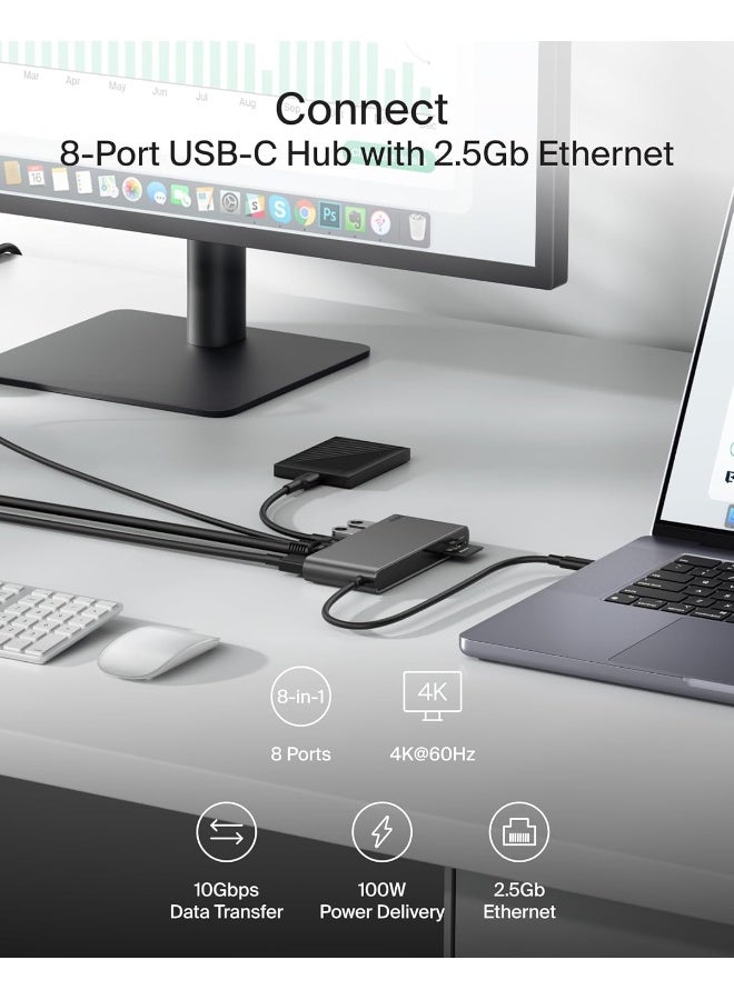 بيلكين محور USB C بثمانية منافذ، يدعم العرض بدقة تصل إلى 4K@60Hz - يعمل مع ماك، ويندوز، وكروم بوك - 100 واط PD مع سرعات نقل بيانات تصل إلى 10 جيجابت في الثانية و Ethernet بسرعة 2.5 جيجابت في الثانية - رمادي - Image 2