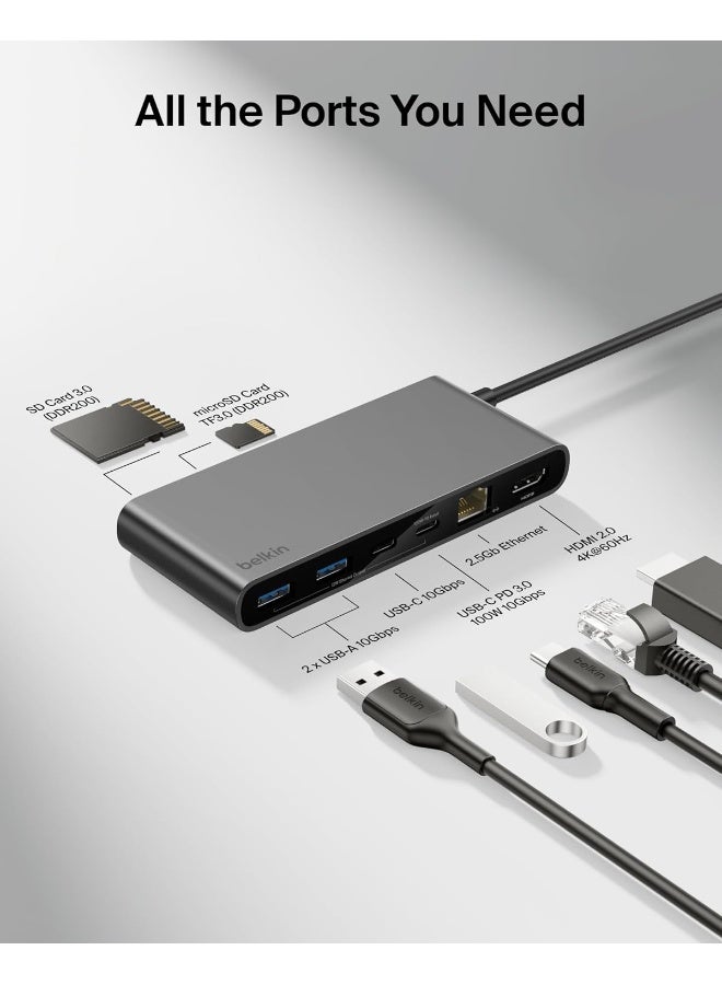 بيلكين محور USB C بثمانية منافذ، يدعم العرض بدقة تصل إلى 4K@60Hz - يعمل مع ماك، ويندوز، وكروم بوك - 100 واط PD مع سرعات نقل بيانات تصل إلى 10 جيجابت في الثانية و Ethernet بسرعة 2.5 جيجابت في الثانية - رمادي - Image 3