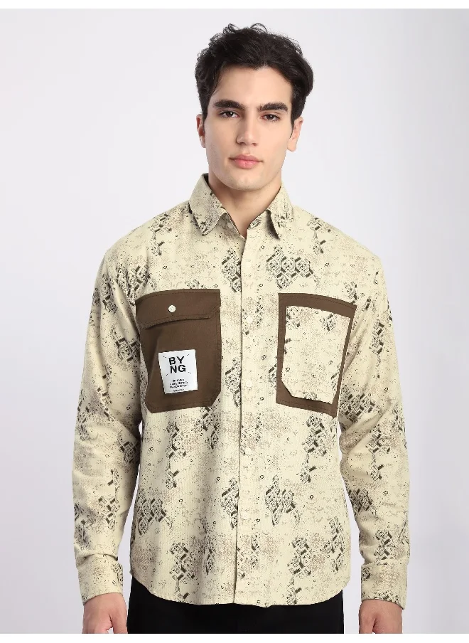 Beyoung Brown Abstract Printed Overshirt