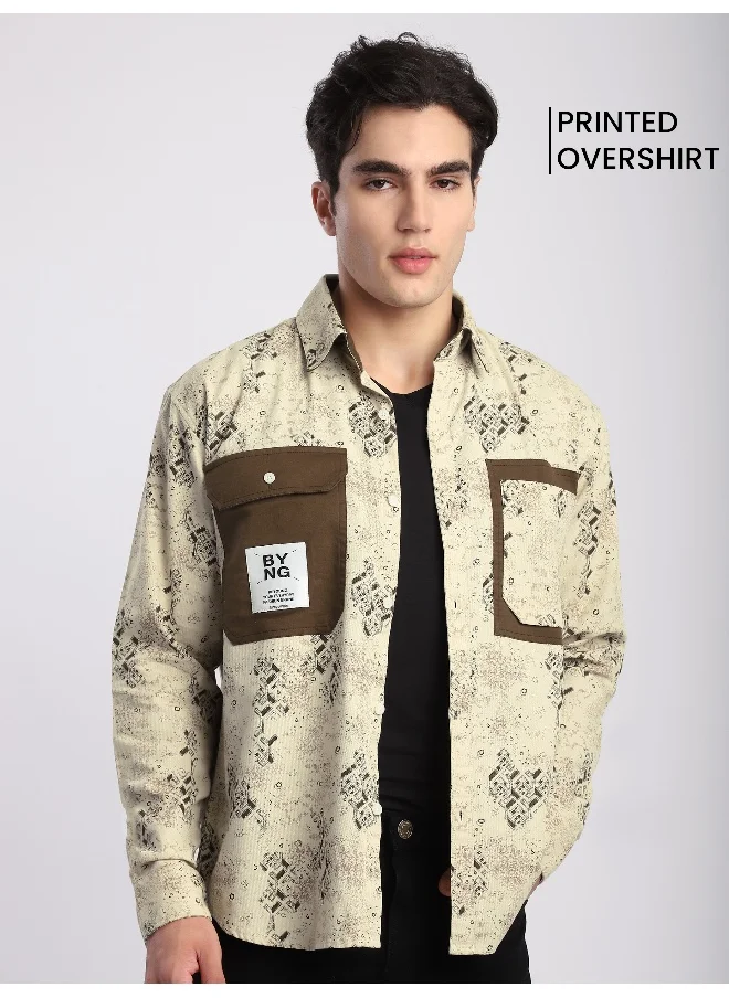 Beyoung Brown Abstract Printed Overshirt