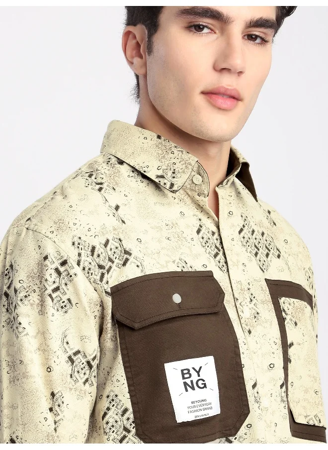 Beyoung Brown Abstract Printed Overshirt