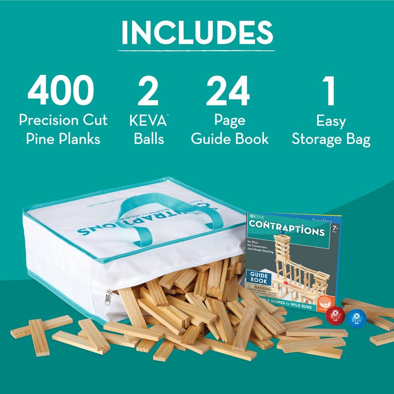 MindWare KEVA Contraptions, Wooden Blocks Building Set, Marble Run Kit, Includes 2 Balls - 400 Planks - Image 4