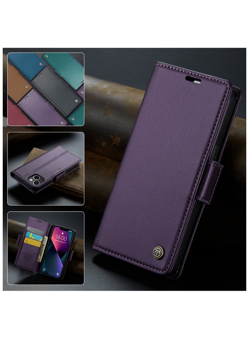 Flip Wallet Case for iPhone 15, Leather Magnetic Attachment Flip Case Purple - Image 1
