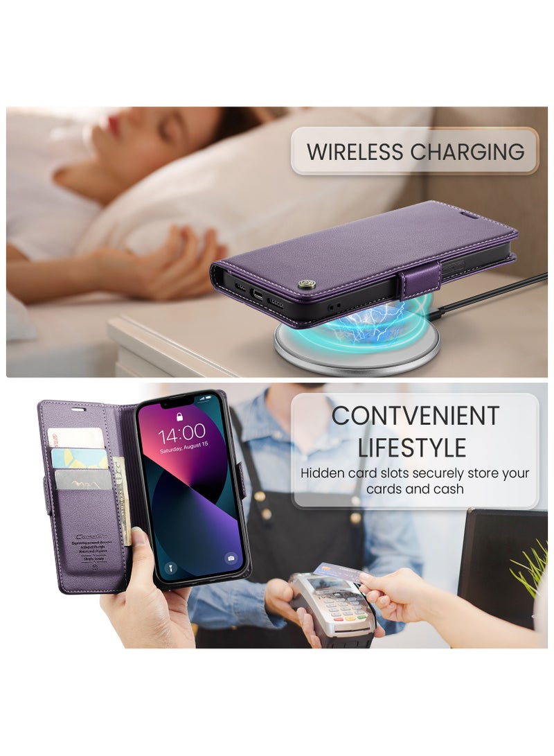 Flip Wallet Case for iPhone 15, Leather Magnetic Attachment Flip Case Purple - Image 5