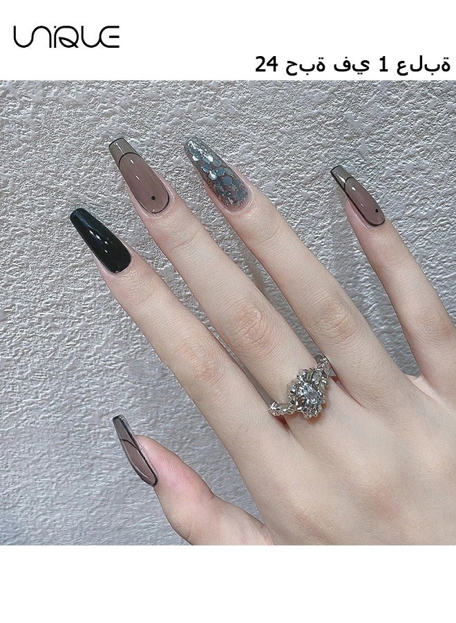 Unique 24Pcs Fake Nails, Press Nails, Mid-length Ballet Manicure - Shiny Black French Manicure - Clean Lines French Manicure - Fake Nail Patch - Image 1