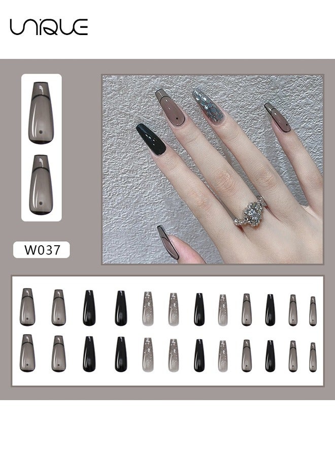 Unique 24Pcs Fake Nails, Press Nails, Mid-length Ballet Manicure - Shiny Black French Manicure - Clean Lines French Manicure - Fake Nail Patch - Image 2