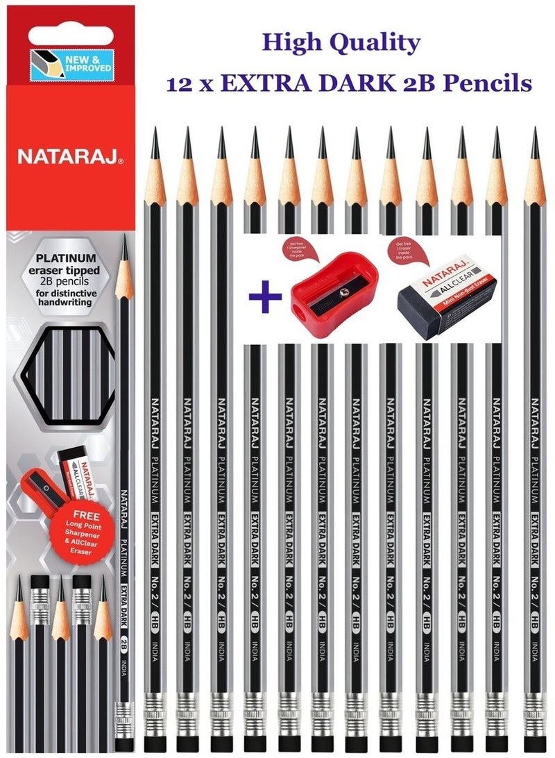 NATARAJ Silver 2B Pencils with Rubber and Sharpener 12-Pieces - Image 1