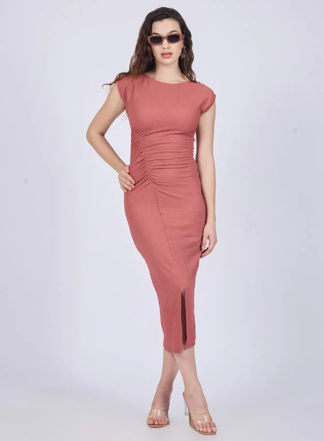 Outzidr  Peach Textured Knit Bodycon Midi Dress for Women | Best Price UAE