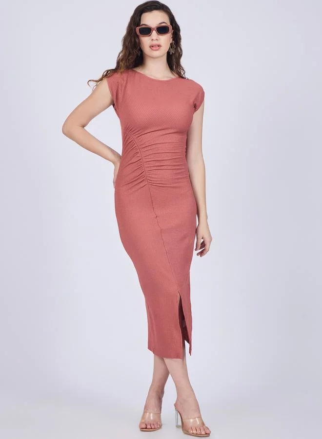 Outzidr  Peach Textured Knit Bodycon Midi Dress for Women | Best Price UAE