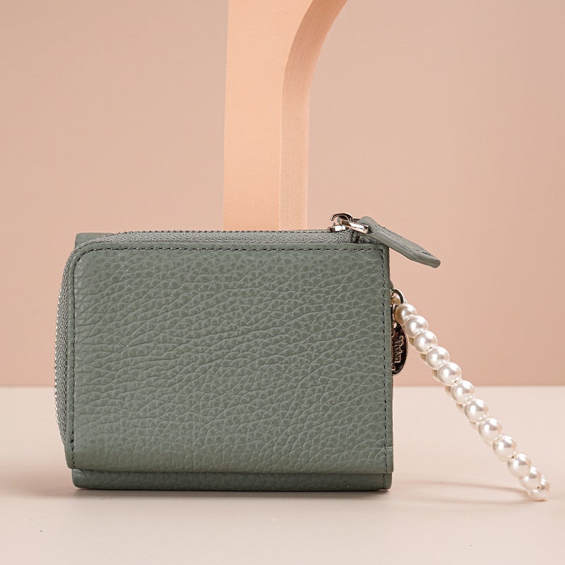 Genuine Leather Trifold Ladies Wallet with Pearl Bracelet Milk Green