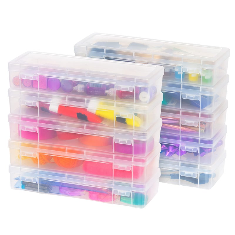 IRIS USA Plastic Pencil Case Box Craft Hobby Art School Supply Storage Organizer Container with Latching Lid, 10-Pack, for Bead Pens Ribbons Wahi Tape Sticker Yarn Ornaments, Stackable, Clear, Large - Image 1