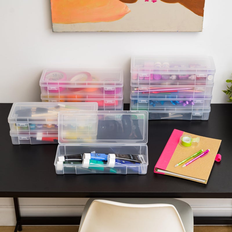 IRIS USA Plastic Pencil Case Box Craft Hobby Art School Supply Storage Organizer Container with Latching Lid, 10-Pack, for Bead Pens Ribbons Wahi Tape Sticker Yarn Ornaments, Stackable, Clear, Large - Image 4