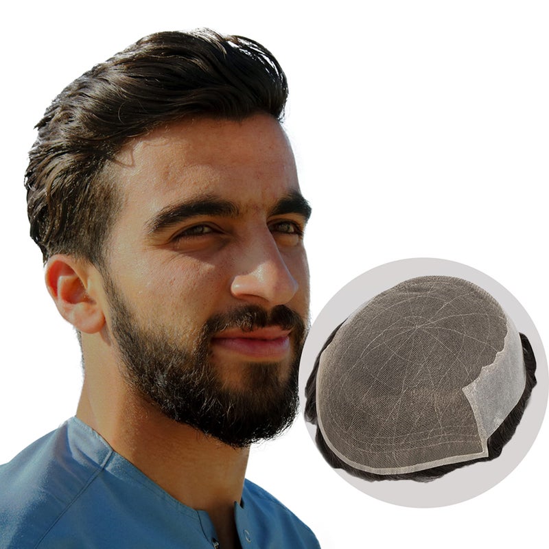 Amiable Hair piece for men European Virgin Human Hair Toupee For Men full french Lace Cap Base with 2inch Clearly PU in Back Mens Hairpiece Replacement System Natural Wave 1B6 87 9inch