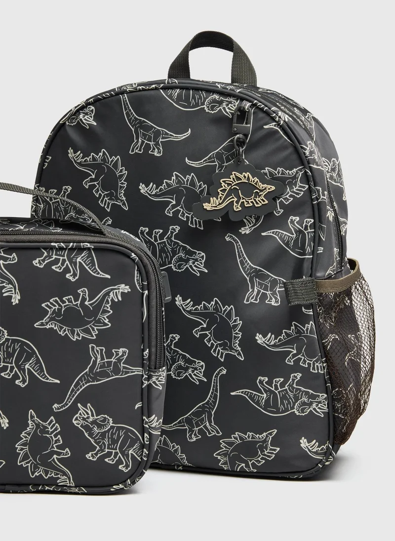 ماتلان Kids Charcoal Dinosaur Print Backpack & Lunch Bag Set