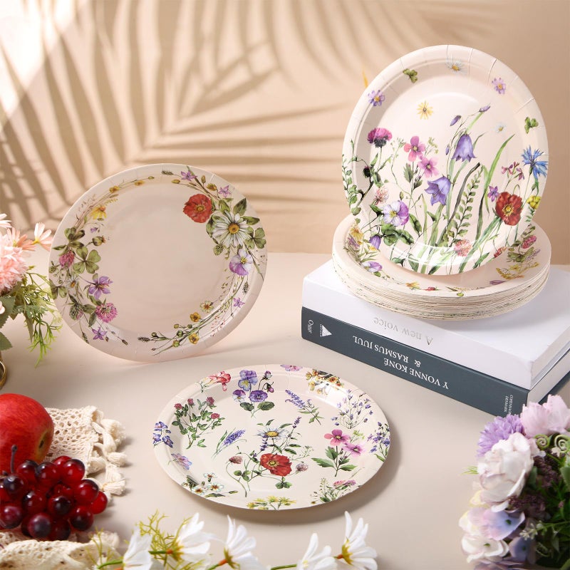 Zopeal Zopeal 60 Pieces Floral Paper Plates 9 Inch  Spring Baby in Bloom Baby Shower Decorations Wild Flower Wedding Disposable Floral Dinner Plates for Birthday Tea Party Shower Supplies  - Image 4