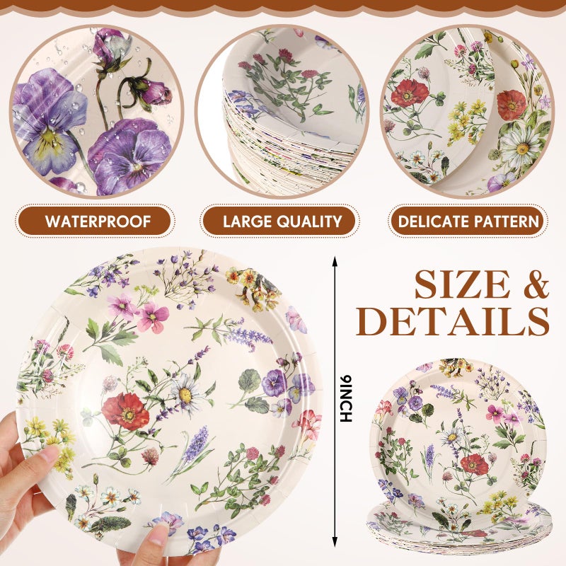 Zopeal Zopeal 60 Pieces Floral Paper Plates 9 Inch  Spring Baby in Bloom Baby Shower Decorations Wild Flower Wedding Disposable Floral Dinner Plates for Birthday Tea Party Shower Supplies  - Image 2