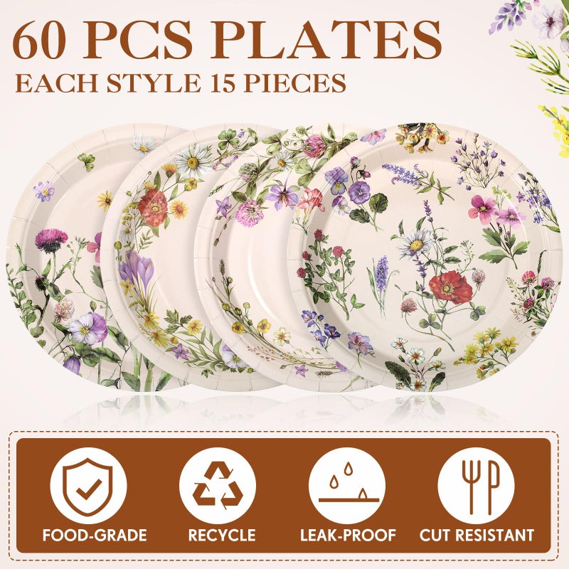 Zopeal Zopeal 60 Pieces Floral Paper Plates 9 Inch  Spring Baby in Bloom Baby Shower Decorations Wild Flower Wedding Disposable Floral Dinner Plates for Birthday Tea Party Shower Supplies  - Image 3