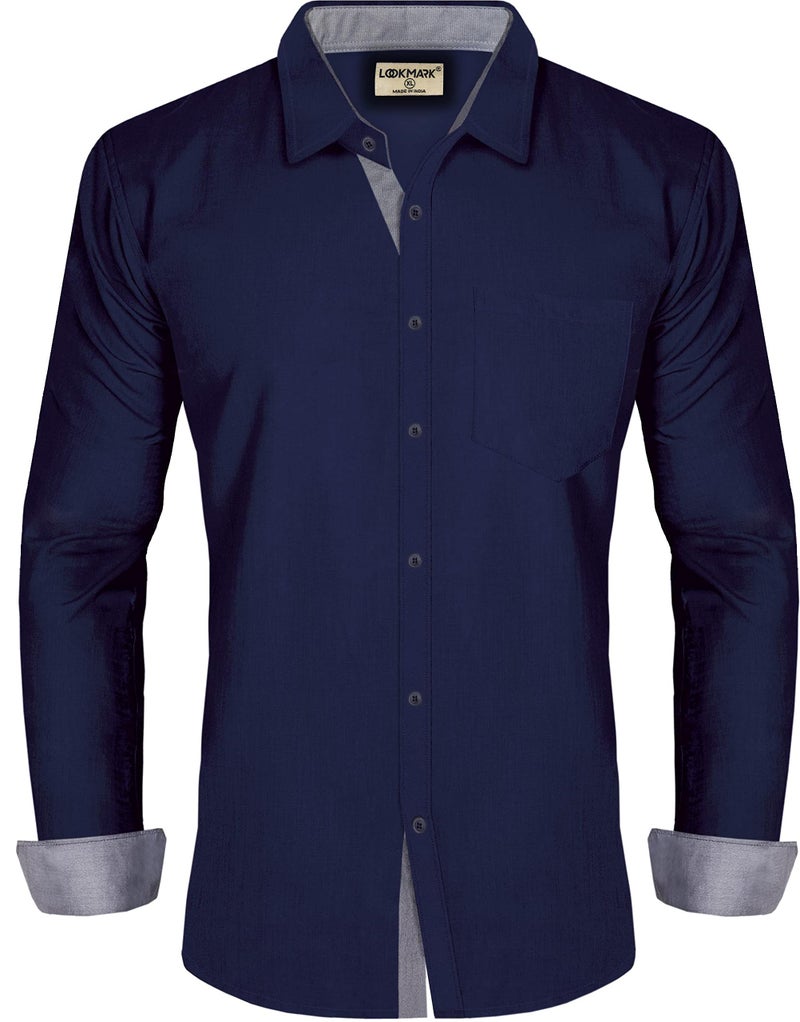 LookMark Men's Cotton Blend Stitched Solid Full Sleeve Shirt(Shirt 04-L) Blue - Image 1