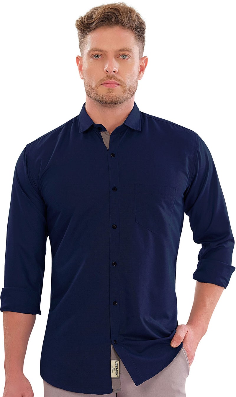 LookMark Men's Cotton Blend Stitched Solid Full Sleeve Shirt(Shirt 04-L) Blue - Image 3
