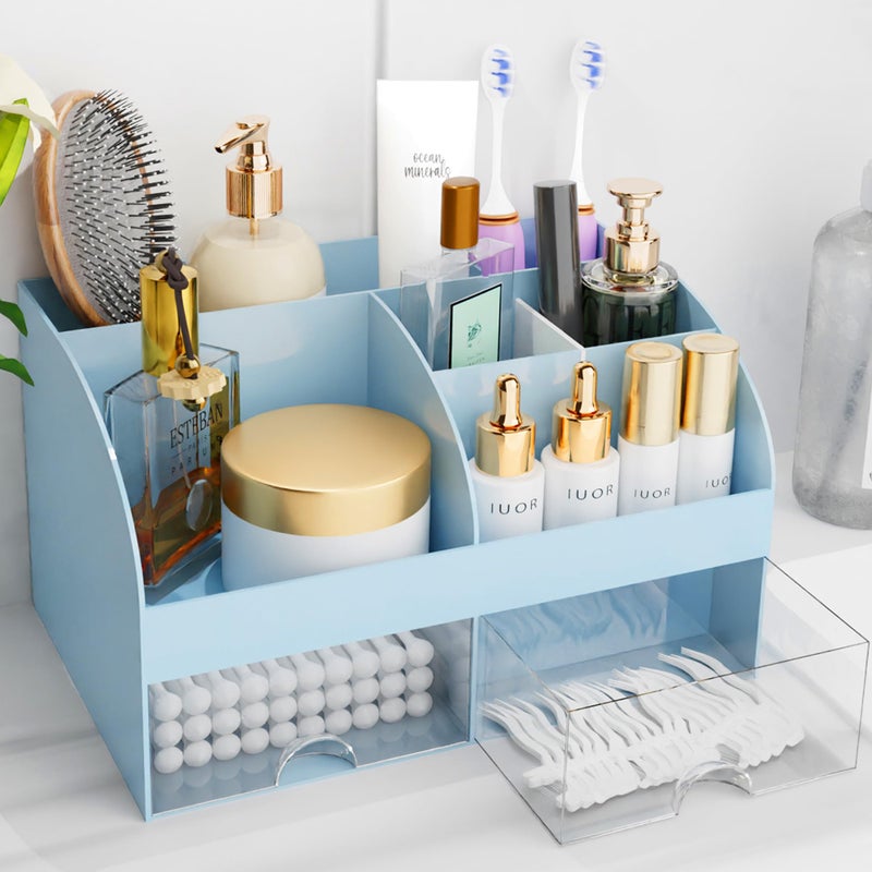 COMFYROOM Makeup Organizer with Drawers, Cosmetic Storage for Dresser Vanity and Bathroom Countertop, Beauty Holder for Lipstick Brush, Skincare Organizer for Vanity, Cosmetic Display Case (Blue) - Image 1