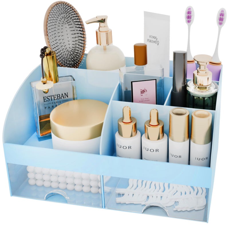 COMFYROOM Makeup Organizer with Drawers, Cosmetic Storage for Dresser Vanity and Bathroom Countertop, Beauty Holder for Lipstick Brush, Skincare Organizer for Vanity, Cosmetic Display Case (Blue) - Image 2