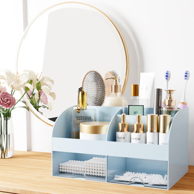 COMFYROOM Makeup Organizer with Drawers, Cosmetic Storage for Dresser Vanity and Bathroom Countertop, Beauty Holder for Lipstick Brush, Skincare Organizer for Vanity, Cosmetic Display Case (Blue) - Image 3