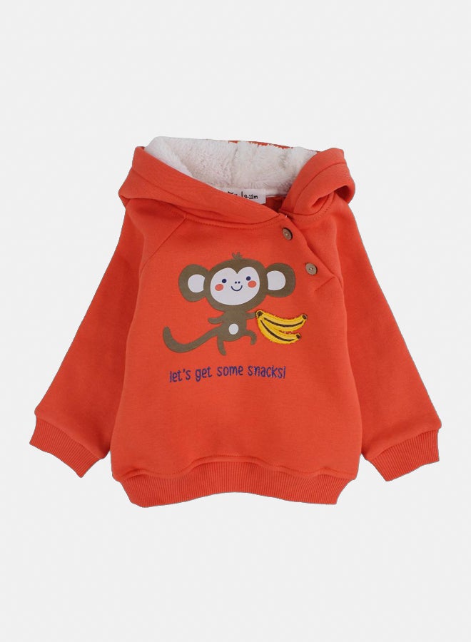 Boys Cotton Hoodie – Orange with Monkey & Bananas Print - Image 1