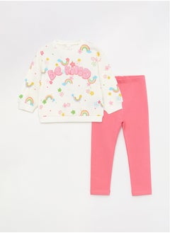 LC WAIKIKI Crew Neck Long Sleeve Printed Baby Girl Sweatshirt and Tights 2-Pack Set  - Image 1