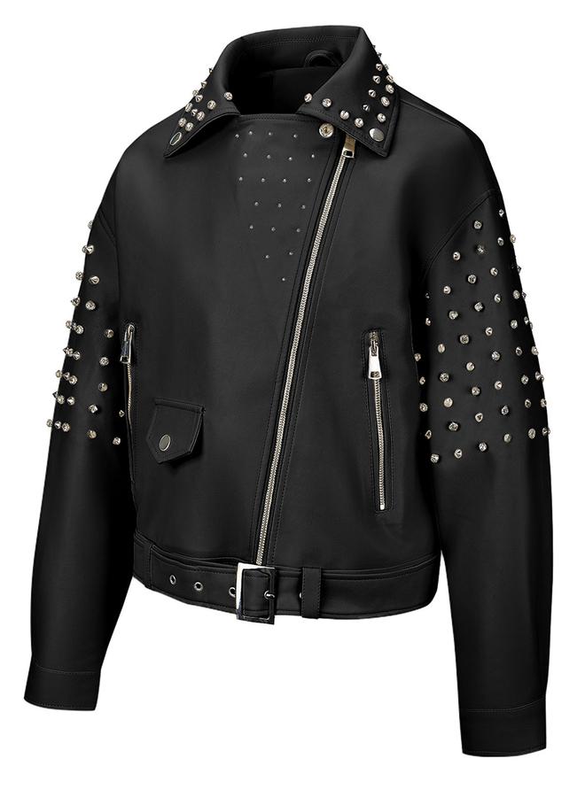 تايك تو جاكيت بايكر مزين بالمسامير وحزام - Image 3