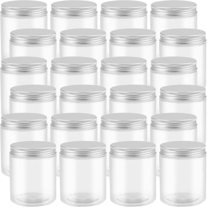 PINGEUI 24 Pack 250ml Clear Round Plastic Jars with Aluminum Lids, BPA Free Wide Mouth Plastic Container, Empty Sample Storage Pot Jars for Slime, Food, Spices, Candy, Crafts - Image 1