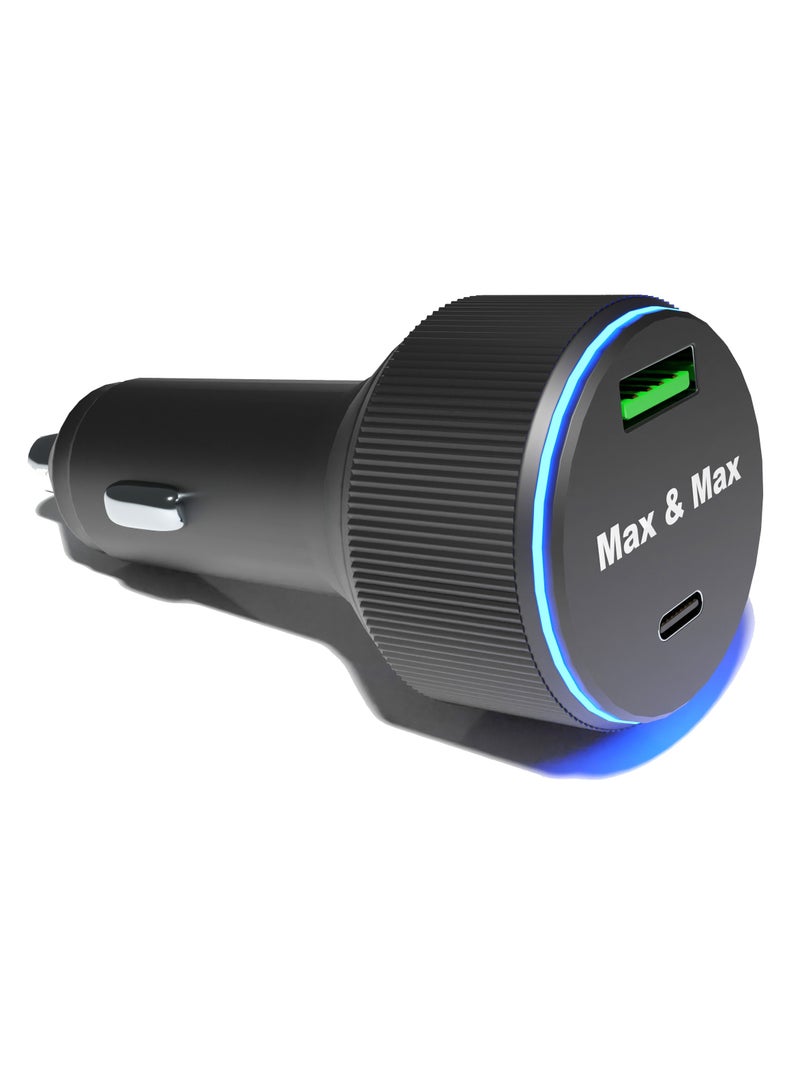 Max & Max 52W Fast Car Charger Dual Port USB-A & Type-C PD + QC 3.0 Adapter – Compatible with iPhone 15/14/13/12/11 Series, Samsung S23/S22 Ultra, Huawei, Android & iPad Mini – Black - Image 1