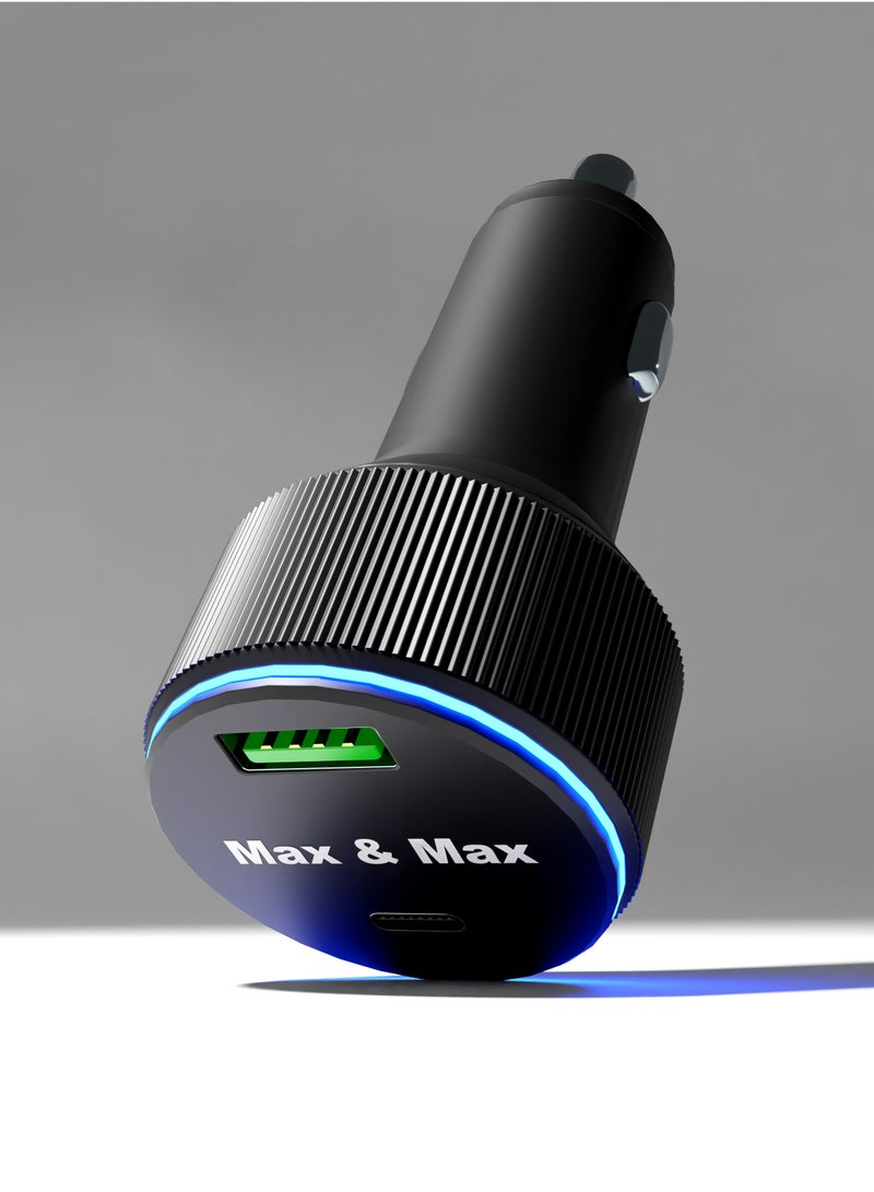 Max & Max 52W Fast Car Charger Dual Port USB-A & Type-C PD + QC 3.0 Adapter – Compatible with iPhone 15/14/13/12/11 Series, Samsung S23/S22 Ultra, Huawei, Android & iPad Mini – Black - Image 2