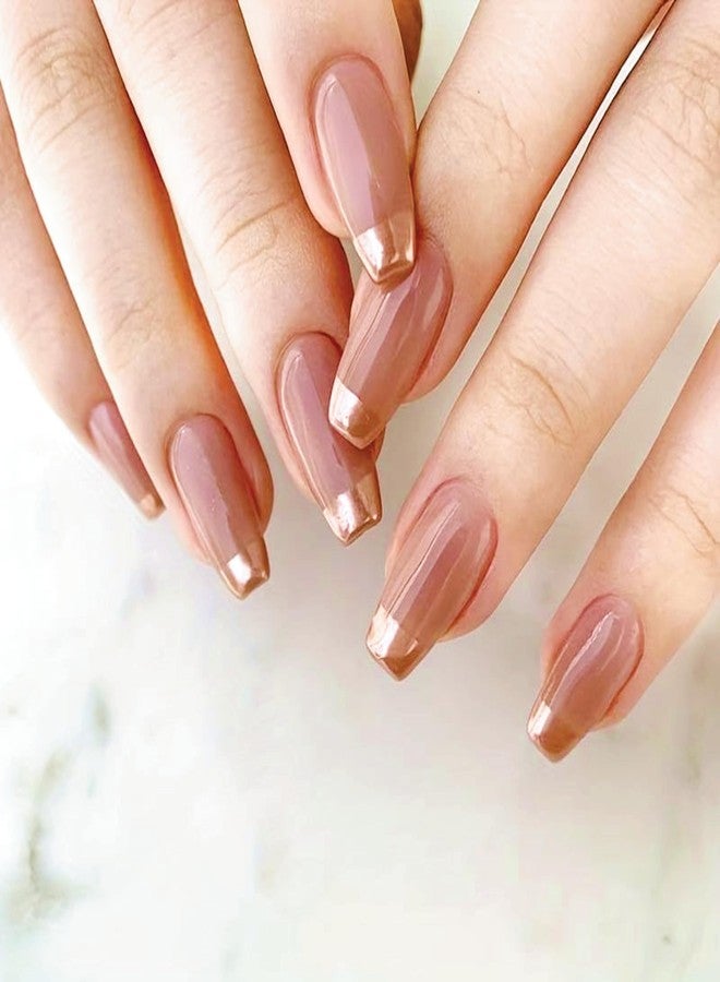 Mayklen French Peach Gold Fake Nails Artificial Nails Art - 24 Pcs, Pure Color False Nails Press On Nails, Reusable Glossy Nails Extension With Glue Stickers, Nail File & Wood Stick - Image 1