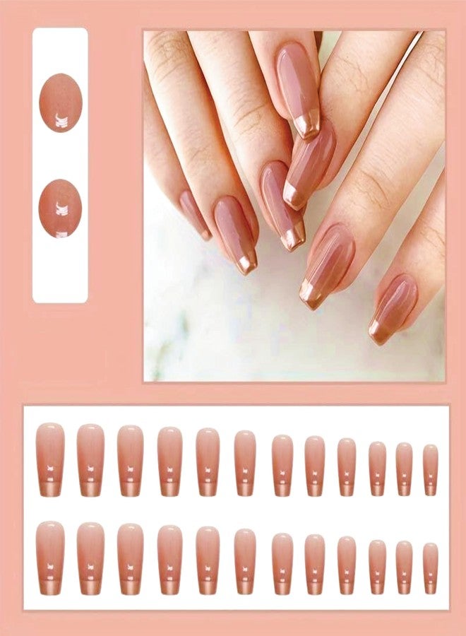 Mayklen French Peach Gold Fake Nails Artificial Nails Art - 24 Pcs, Pure Color False Nails Press On Nails, Reusable Glossy Nails Extension With Glue Stickers, Nail File & Wood Stick - Image 2
