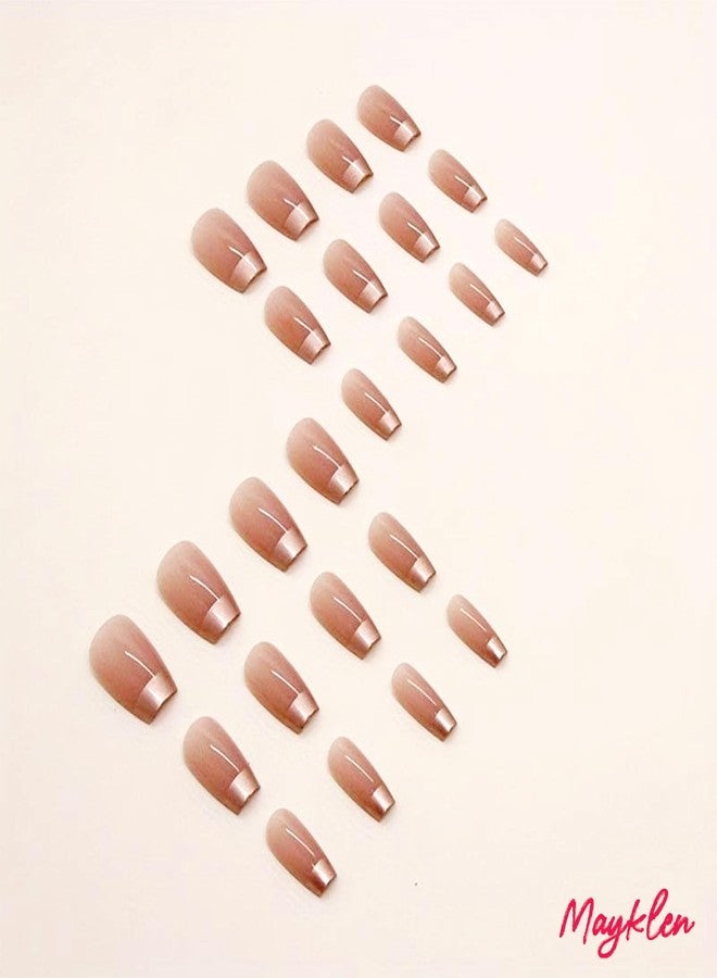 Mayklen French Peach Gold Fake Nails Artificial Nails Art - 24 Pcs, Pure Color False Nails Press On Nails, Reusable Glossy Nails Extension With Glue Stickers, Nail File & Wood Stick - Image 4