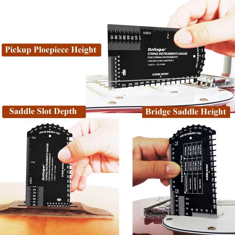 Baroque String Action Gauge Precision Guitar Ruler Multifunctional Guitar Setup Kits Tool Leather Case Polished Edge, Black - Image 5