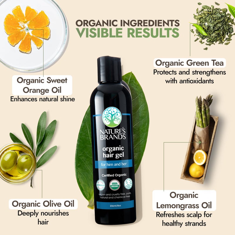 Nature's Brands Natureâ€™s Brand - Herbal Choice Mari Organic Hair Gel, 8 Oz - All-Day Hold for Curly & Straight Hair, Nourishing, Rosehip & Olive Oil Gel with Sweet Orange, Lemongrass - Hydrates Color-Treated Hair - Image 2