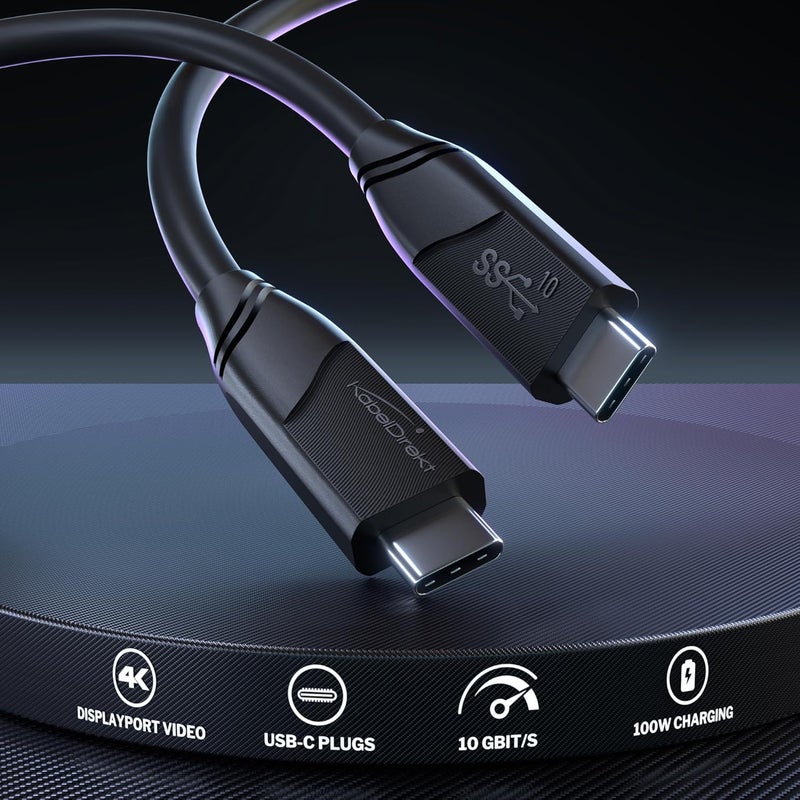 كيبل دايركت كابل USB-C متعدد الاستخدامات للتصوير بدقة 4K، USB 3.2 الجيل الثاني – طوله 1 متر (ينقل البيانات ومقاطع الفيديو بدقة 4K بسرعة 10 جيجابت في الثانية، ويوفر قدرة شحن تصل إلى 100 واط بفضل تقنية PD3)، كابل عالمي لنقل البيانات والشحن وتشغيل الشاشات، لونه أسود، من تصنيع CableDirect - Image 2